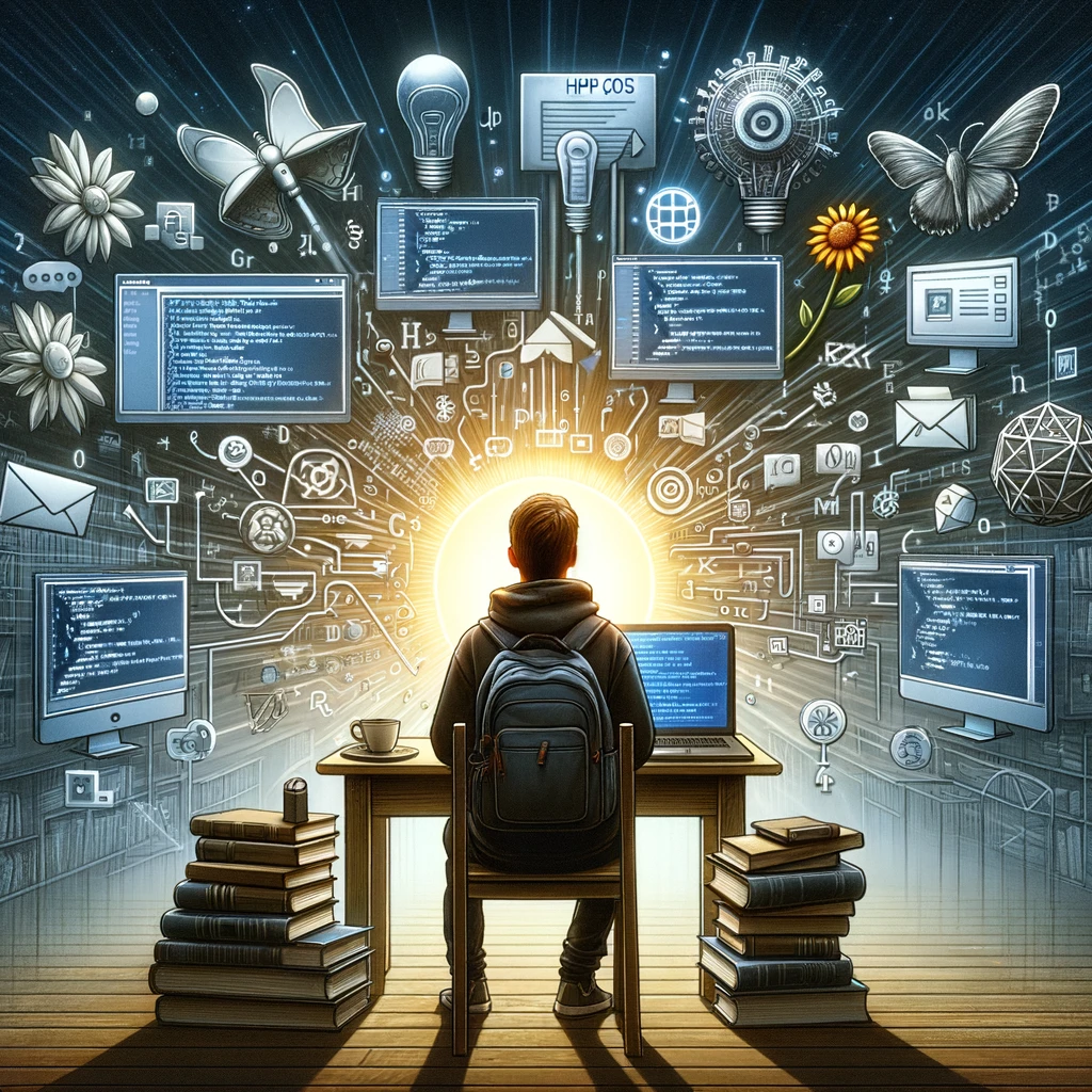 image that captures the essence of the journey into web development during high school years, symbolizing the transition from simple web design to creating complex web applications with PHP.
